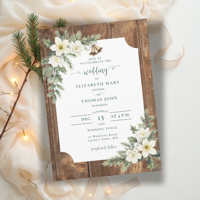 Convites Casamento de Inverno com Rosas de Natal em Madeira (winter wedding invitation rustic barn wood christmas roses greenery white hellebore elegant bells)