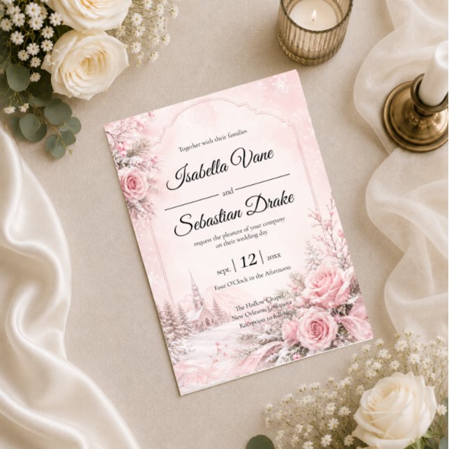 Convites Casamento de Inverno com Toque Romântico de Rosa (Criador carregado)