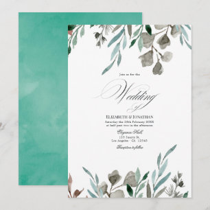 Convites Casamento de Inverno com Vegetação Rústica em Aqua