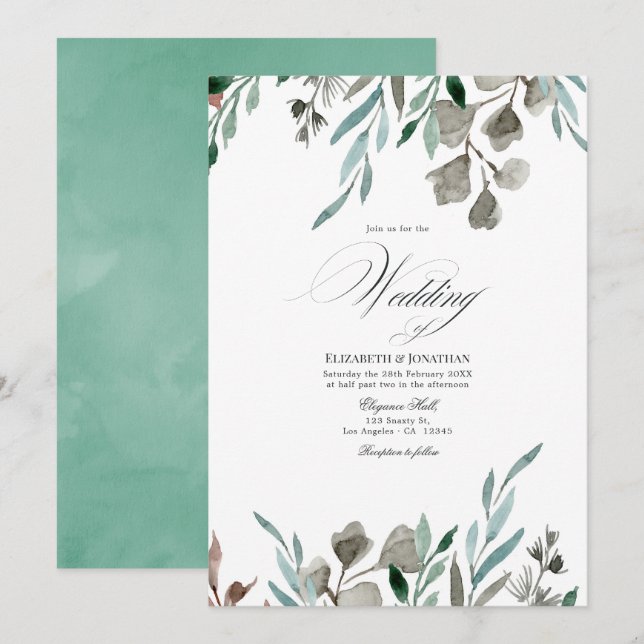 Convites Casamento de Inverno com Vegetação Rústica em Aqua (Frente/Verso)
