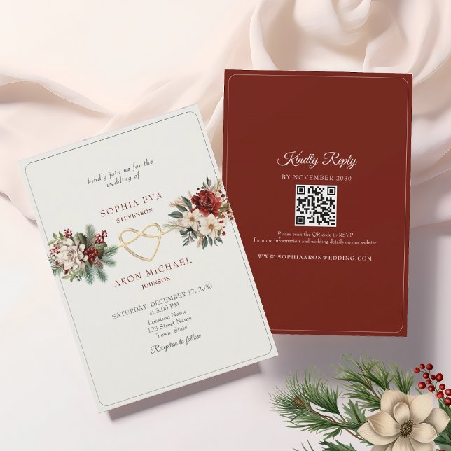Convites Casamento de Inverno com Verde Pinho e Vermelho (Criador carregado)