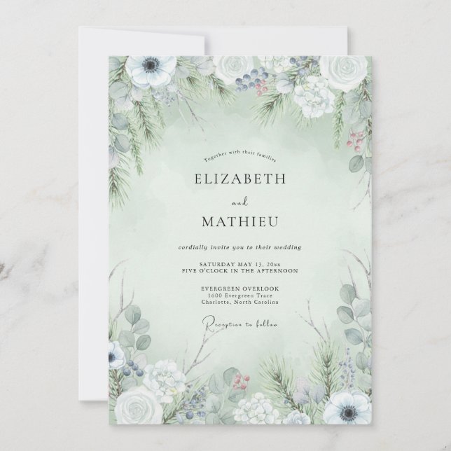 Convites Casamento de Inverno com Verde Salvia Geado (Frente)