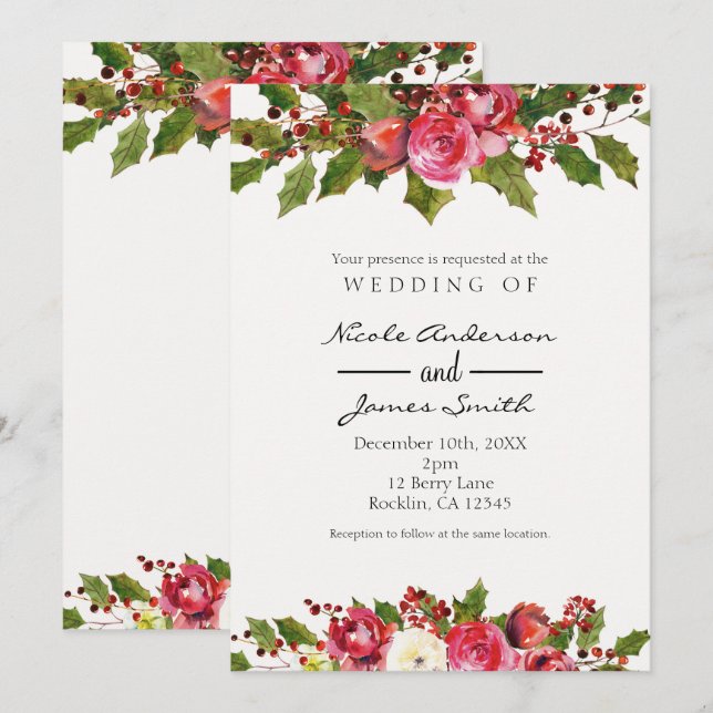 Convites Casamento de Inverno Dezembro Azevinho Floral Féri (Frente/Verso)
