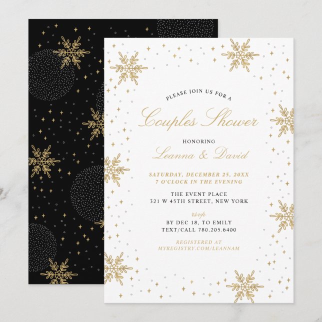 Convites Casamento de Inverno Dourado e Preto Chuva de Neve (Frente/Verso)