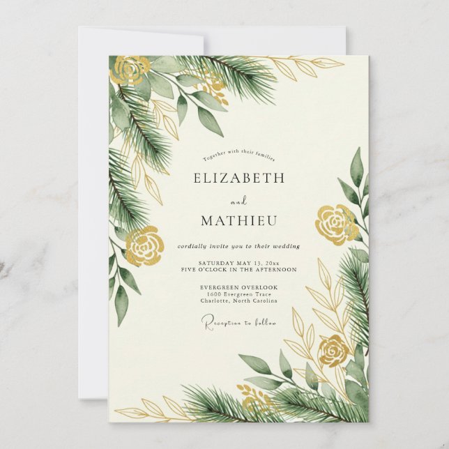 Convites Casamento de Inverno Dourado em Verde Pinheiro (Frente)