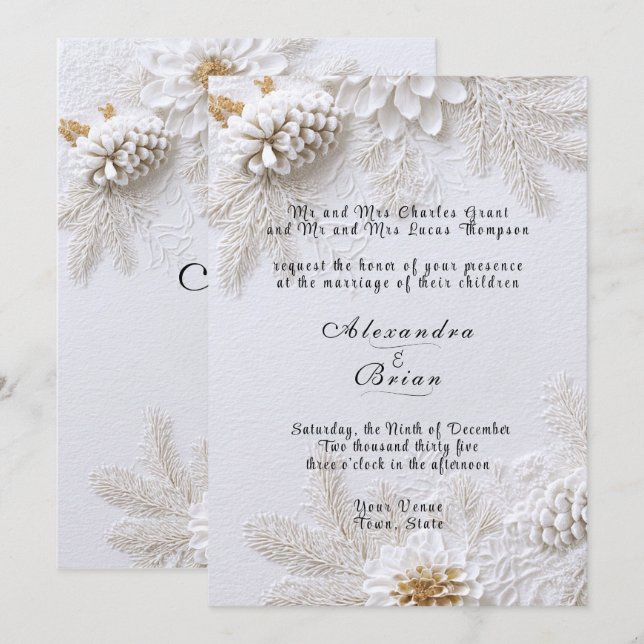 Convites Casamento de Inverno Dourado Pinhas Ramos de Pinhe (Frente/Verso)