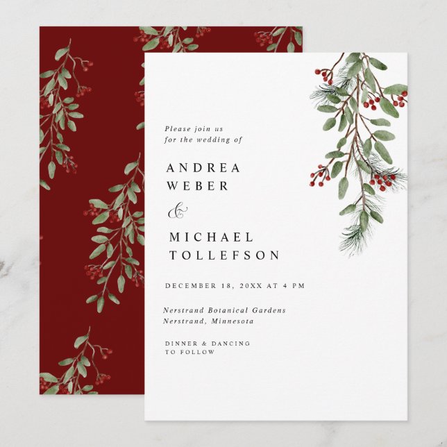 Convites Casamento de Inverno Elegante Burgundy com Verdura (Frente/Verso)