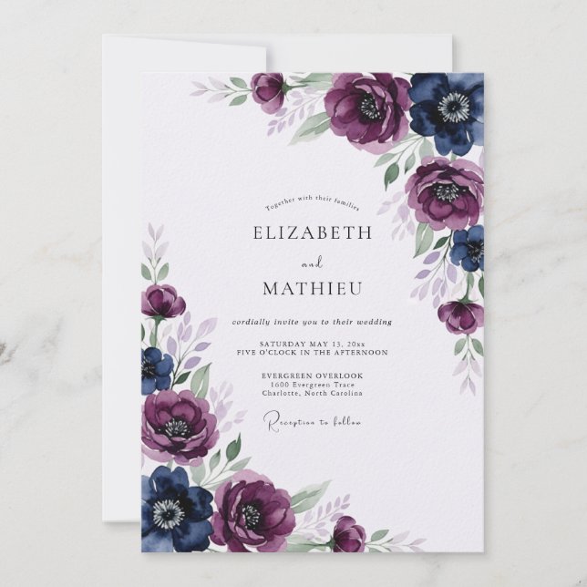 Convites Casamento de Inverno Elegante com Ameixa Índigo (Frente)