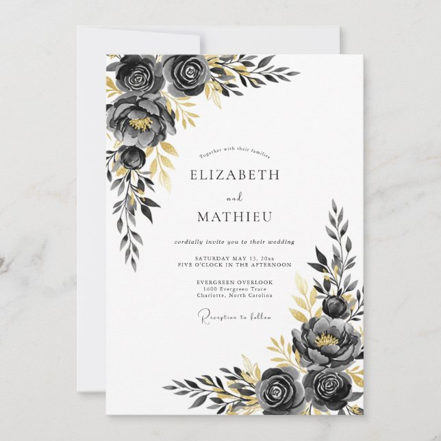 Convites Casamento de Inverno Elegante com Dourado e Carvão (Frente)