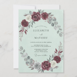 Convites Casamento de Inverno Elegante com Hortelã Borgonha