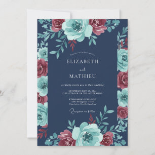 Convites Casamento de Inverno em Azul-Marinho e Verde-Azula