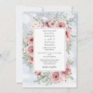 Convites Casamento de Inverno em Rosa Dourado Floral empoei