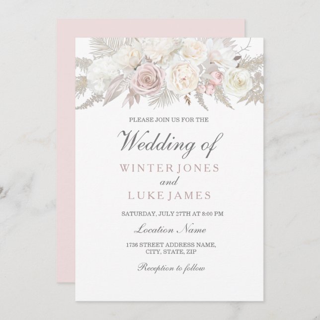 Convites Casamento de Inverno Encantador em Marfim e Rosa (Frente/Verso)