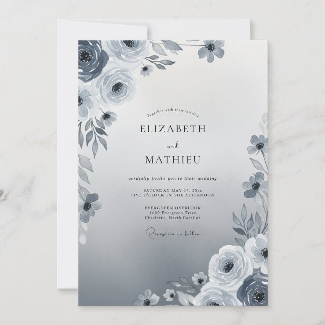 Convites Casamento de Inverno Etéreo Azul Ardósia (Frente)