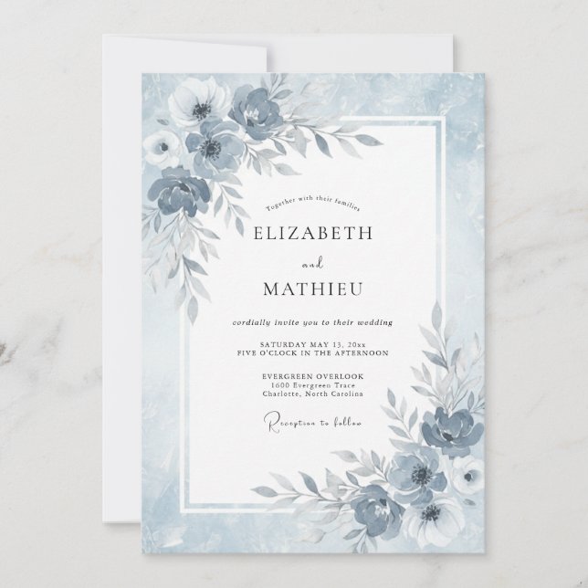 Convites Casamento de Inverno Etéreo Azul Empoeirado (Frente)