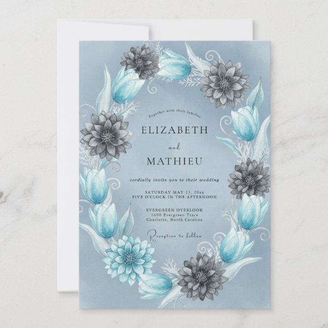 Convites Casamento de Inverno Etéreo Azul Gelo (Frente)