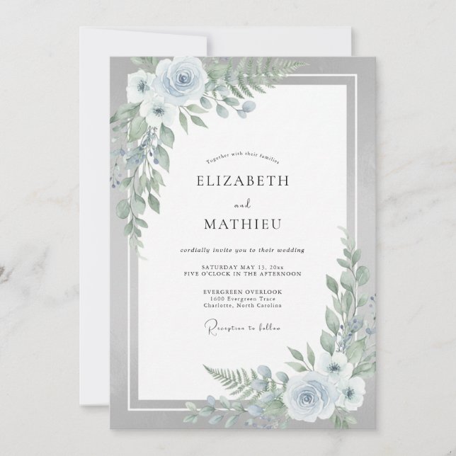 Convites Casamento de Inverno Etéreo Azul Pálido (Frente)