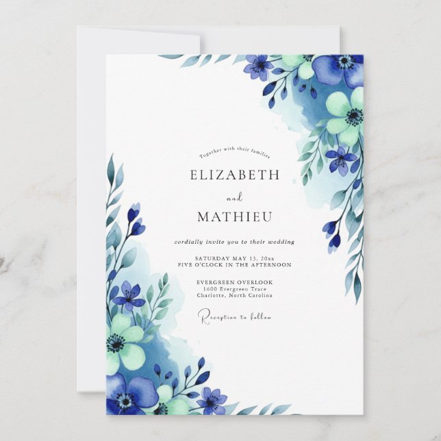 Convites Casamento de Inverno Etéreo Azul Real (Frente)