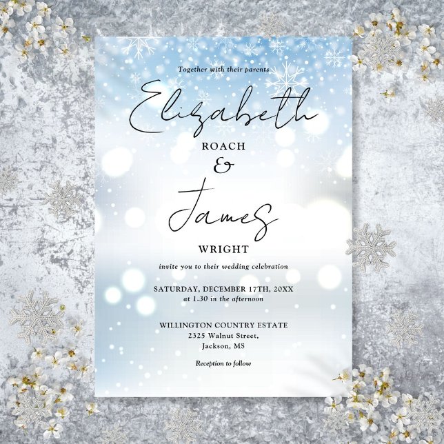 Convites Casamento de Inverno Flocos de Neve em Roteiro Mod (Modern Elegant Script Snowflakes Winter Wedding Invitation)