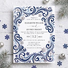 Convites Casamento de Inverno Flocos de Neve Marinho Prata