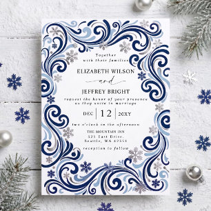 Convites Casamento de Inverno Flocos de Neve Marinho Prata