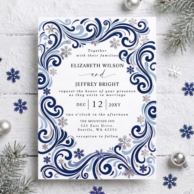 Convites Casamento de Inverno Flocos de Neve Marinho Prata (Silver Navy Snowflakes Winter Wedding Invitation)