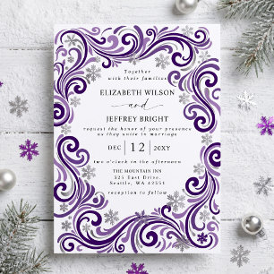 Convites Casamento de Inverno Flocos de Neve Roxo Prata