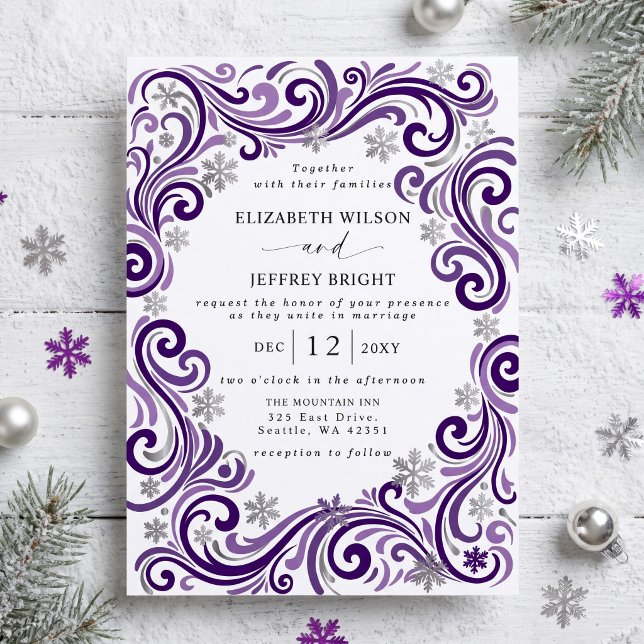 Convites Casamento de Inverno Flocos de Neve Roxo Prata (Silver Purple Snowflakes Winter Wedding Invitation)