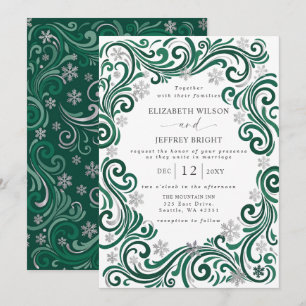 Convites Casamento de Inverno Flocos de Neve Verde Esmerald