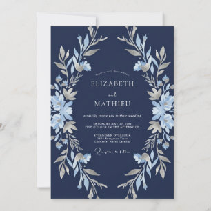 Convites Casamento de Inverno Floral Azul Marinho
