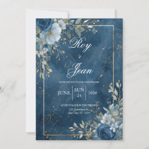 Convites Casamento de Inverno Floral Azul Marinho Dourado