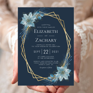 Convites Casamento de Inverno Floral Azul Poeirento Dourado