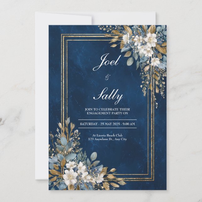 Convites Casamento de Inverno Floral com Mármore Azul Marin (Frente)