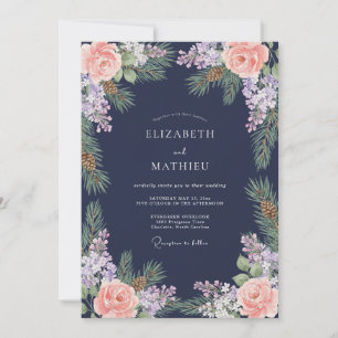Convites Casamento de Inverno Floral com Pinhas em Azul Mar