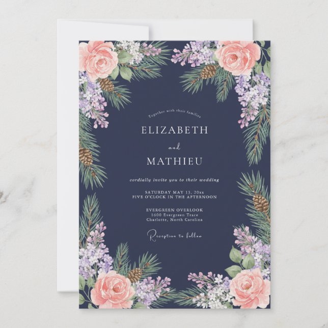Convites Casamento de Inverno Floral com Pinhas em Azul Mar (Frente)