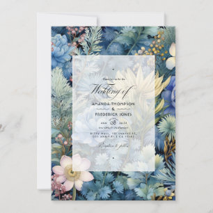 Convites Casamento de Inverno Floral com Pinho, Latão e Azu