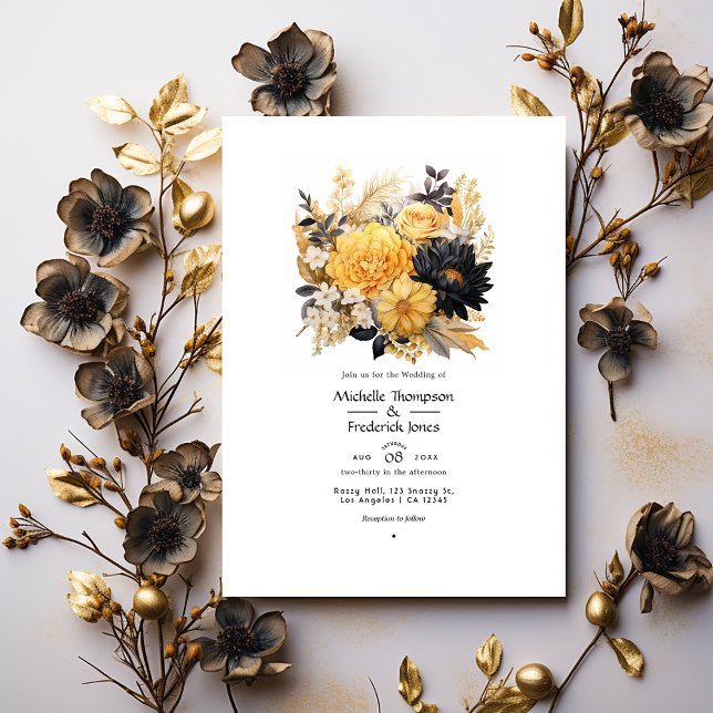 Convites Casamento de Inverno Floral Preto e Dourado (Criador carregado)