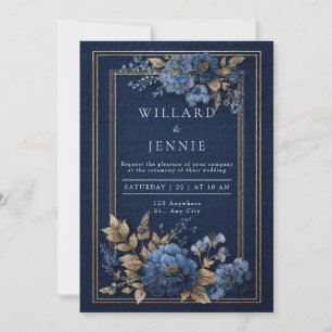 Convites Casamento de Inverno Floral Texturizado em Azul Na