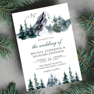 Convites Casamento de Inverno Floresta Montanhosa Aquarela