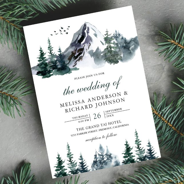 Convites Casamento de Inverno Floresta Montanhosa Aquarela  (Criador carregado)