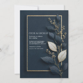 Convites Casamento de Inverno Folha Botânica Azul Naval Dou