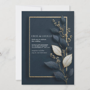 Convites Casamento de Inverno Folha Botânica Azul Naval Dou