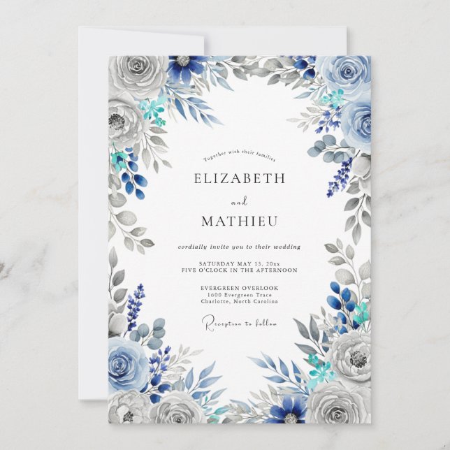 Convites Casamento de Inverno Gelado Azul Aço (Frente)
