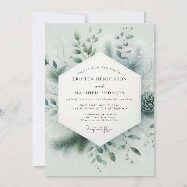 Convites Casamento de Inverno Imaculado em Verde Sage (Frente)