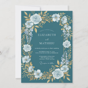 Convites Casamento de Inverno Majestoso em Verde-azulado