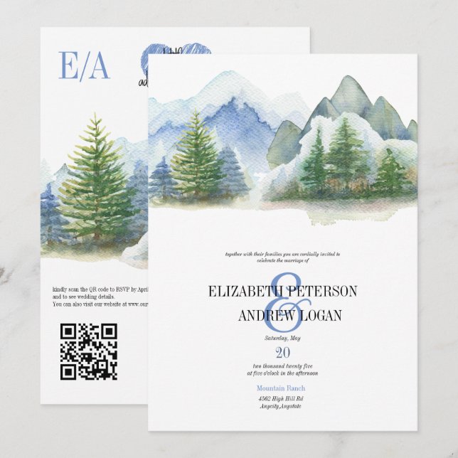 Convites Casamento de Inverno | Montanhas Rústicas | Código (Frente/Verso)
