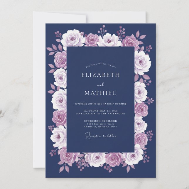 Convites Casamento de Inverno Nobre Violeta Rosa Marinho (Frente)