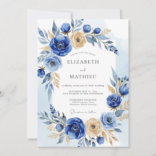 Convites Casamento de Inverno Opulento Azul Cobalto (Frente)