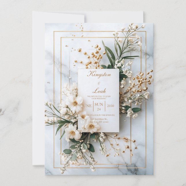 Convites Casamento de Inverno Opulento com Mármore Dourado  (Frente)