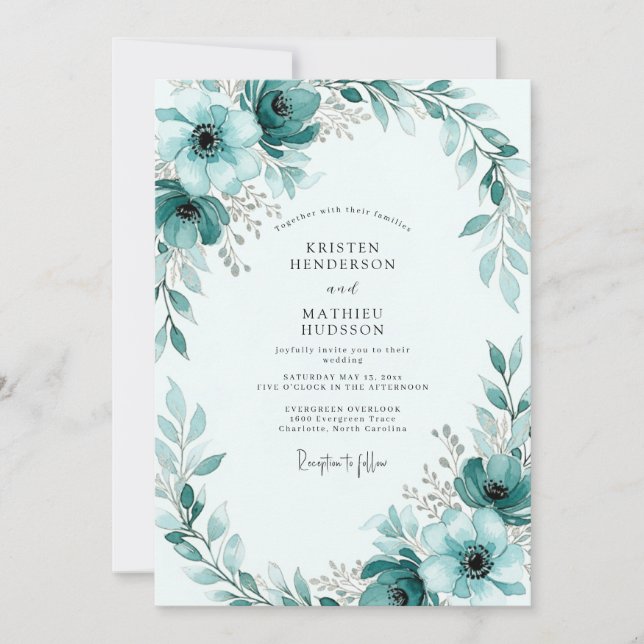 Convites Casamento de Inverno Pintado em Verde Azul (Frente)